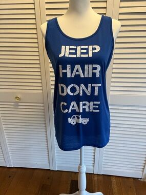 “Jeep Hair Don't Care” Blue Graphic Tank Top. Distressed white lettering. Size M
